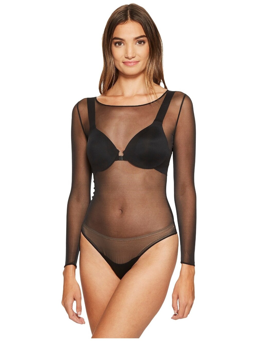 Spanx Black Mesh Bodysuit Mesh Sheer Fashion Thong Long Sleeve